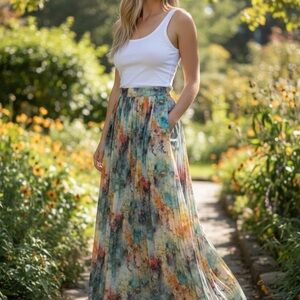 VINTAGE Biscote Paris Watercolor Abstract Maxi Skirt -Made in France Y2K Size S